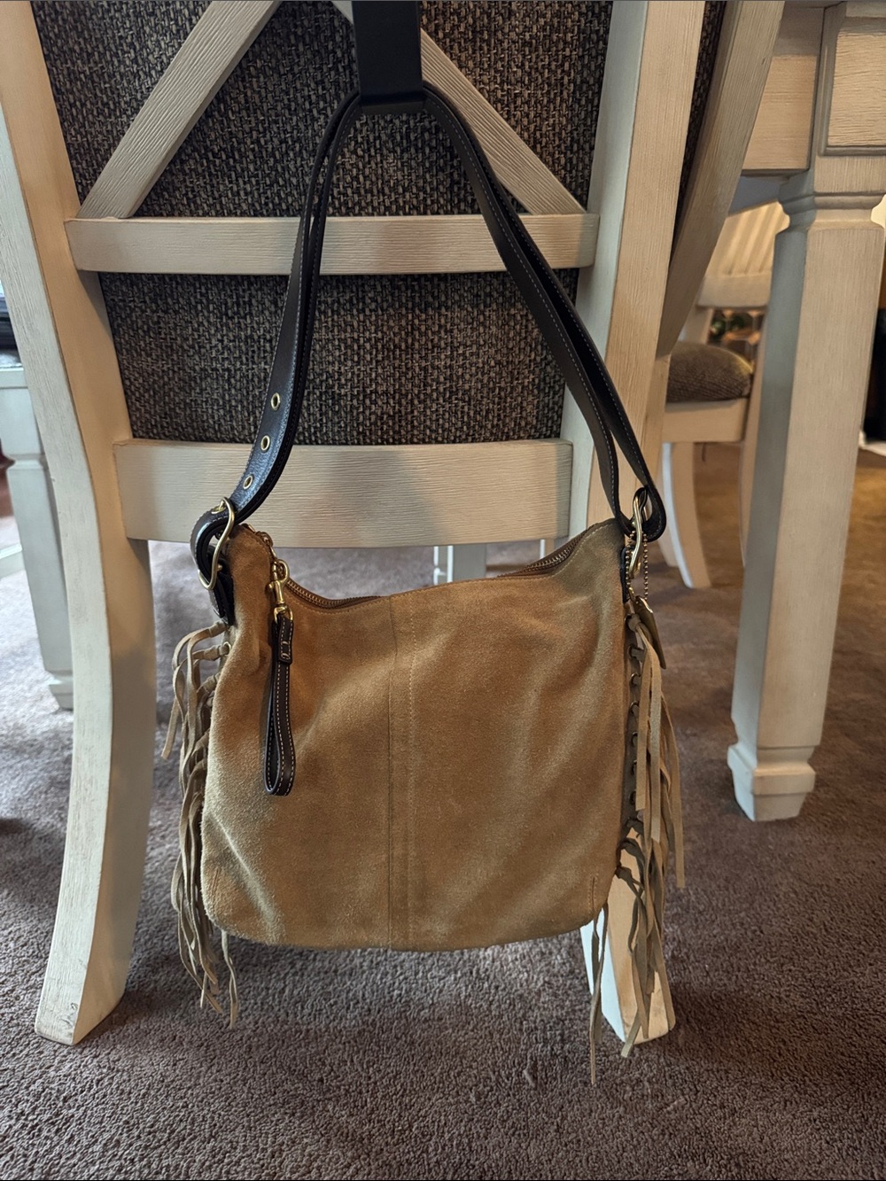 Coach Tan Suede Fringe Shoulder Bag with Dark Leather Strap